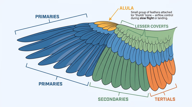 Detailed diagram of a bird wing fully extended showing all six feather types labeled: primaries, secondaries, tertials, greater coverts, lesser coverts, and alula