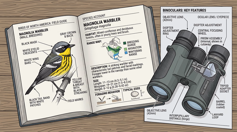 An open bird field guide showing a bird illustration with labeled field marks on the left page and a range map with species description on the right page