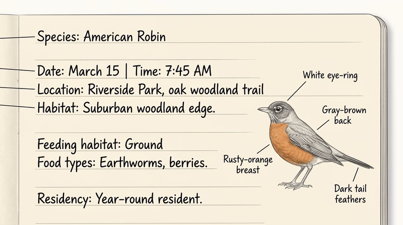 A sample field notebook page showing a neatly filled-out entry for an American Robin with all four required data points labeled