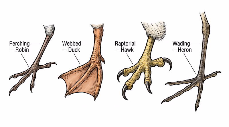 Illustrated comparison of four bird foot types: perching (robin), webbed (duck), raptorial talons (hawk), and wading (heron)