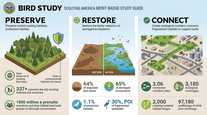 Infographic showing three habitat protection strategies: preserving natural areas, restoring degraded land, and connecting habitat corridors