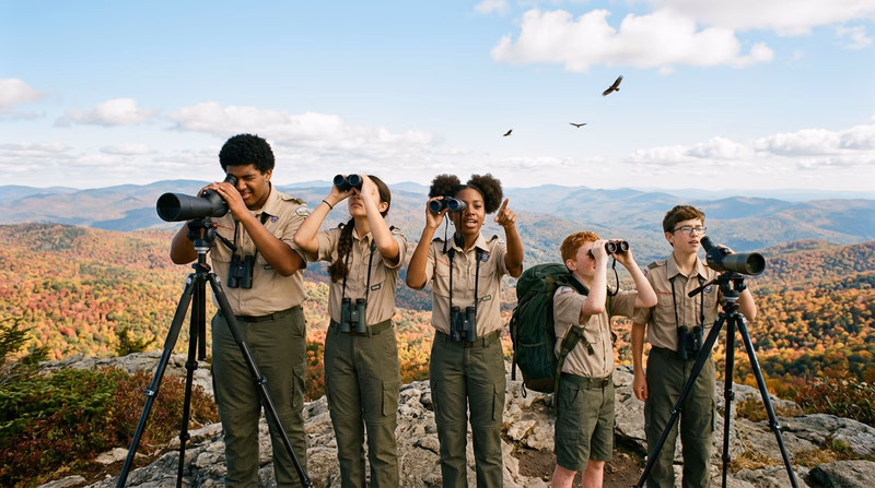Birders standing on a mountain ridge with binoculars and spotting scopes, watching hawks soaring overhead against a blue sky