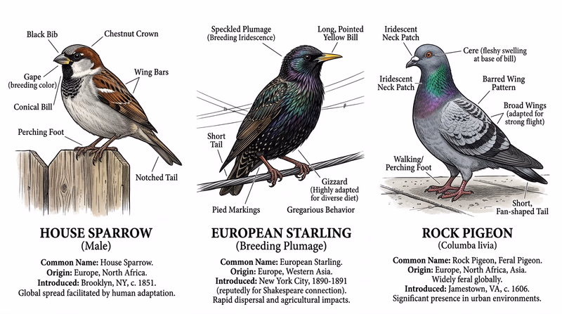 Three-panel illustration showing a House Sparrow, a European Starling, and a Rock Pigeon, each labeled with their common name and origin