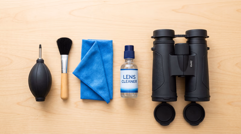 A lens cleaning kit laid out on a table: lens blower, soft brush, microfiber cloth, and lens cleaning solution, with binoculars beside them