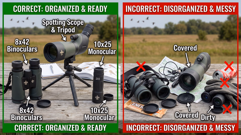 Three birding optics side by side: binoculars, a spotting scope on a tripod, and a compact monocular