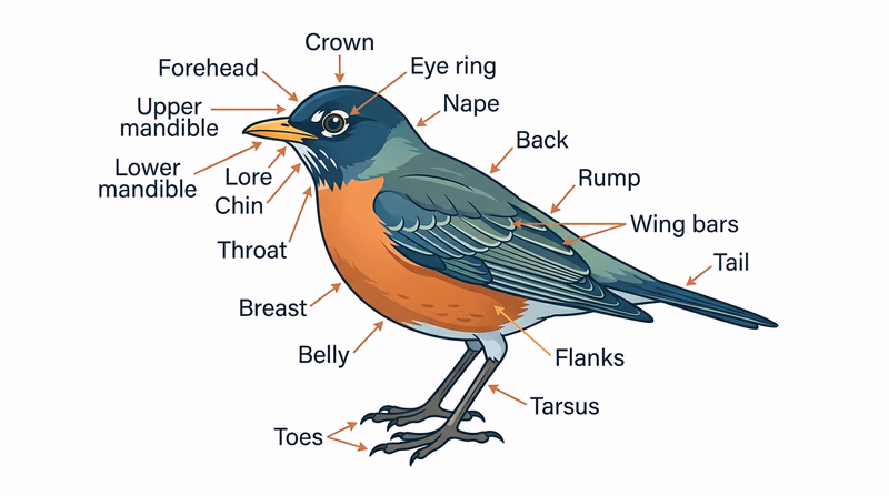 Detailed side-view diagram of a perched songbird with all major external parts labeled: crown, forehead, nape, eye ring, lore, chin, throat, upper mandible, lower mandible, breast, belly, flanks, back, rump, wing bars, tail, tarsus, toes