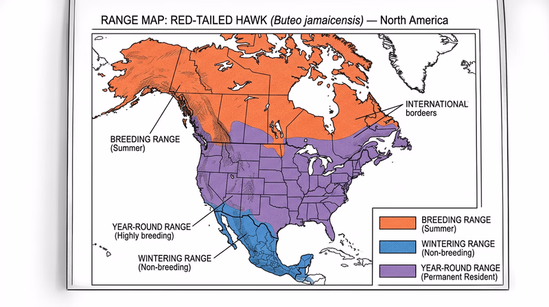 A sample range map of the Red-tailed Hawk showing breeding range, wintering range, and year-round range across North America