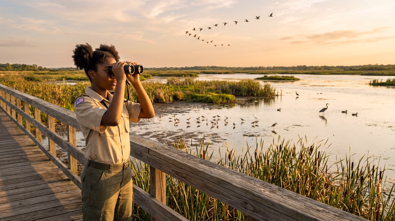 A Scout looking through binoculars at a wetland area with birds flying overhead at golden hour