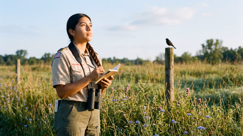 A Scout writing in a field notebook while looking at a bird perched on a fence post in a meadow habitat