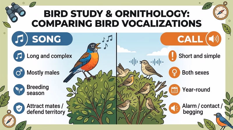Infographic comparing bird songs and calls, showing differences in length, who sings, timing, and purpose