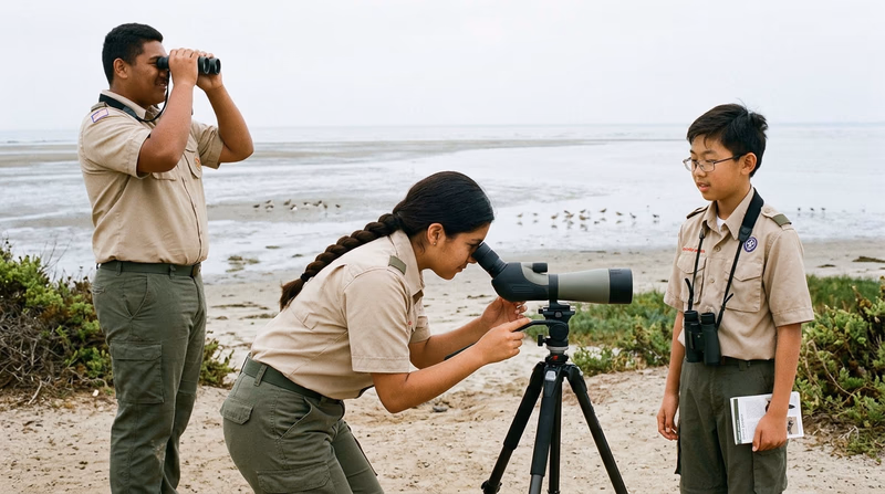 A birder looking through a spotting scope on a tripod at a beach, with distant shorebirds on the mudflat