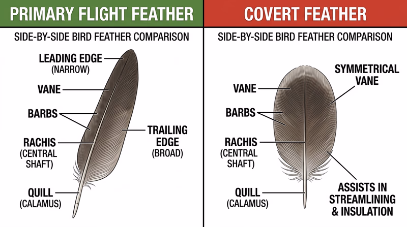 Side-by-side comparison of a primary feather and a covert feather with parts labeled