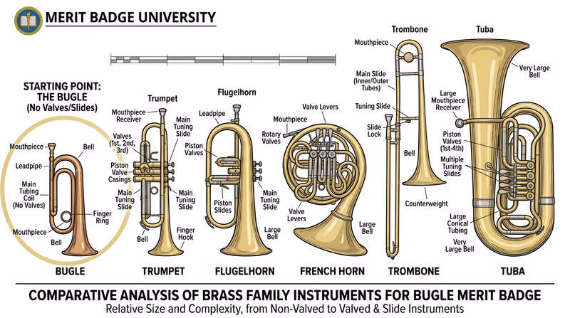 Illustrated comparison of brass instruments arranged from smallest to largest: bugle, trumpet, flugelhorn, French horn, trombone, tuba, with labels