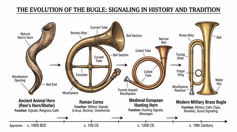 Timeline illustration showing the evolution of the bugle: animal horn, Roman cornu, medieval hunting horn, and modern military bugle