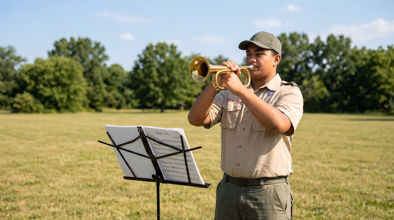 A Scout standing outdoors in a field practicing the bugle, with sheet music on a portable music stand