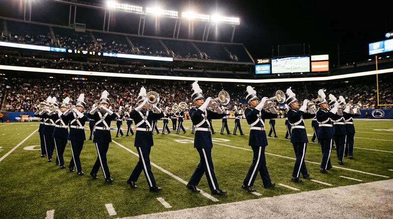 A drum and bugle corps performing on a football field at night under bright lights, with brass instruments gleaming