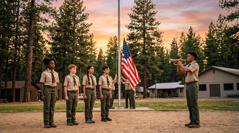 Scouts standing at attention facing a flag being lowered at sunset during a retreat ceremony at camp