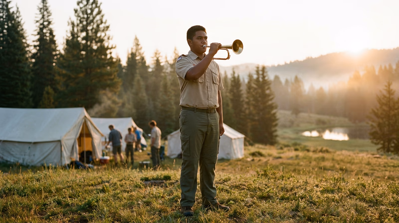 A Scout in clean uniform playing a bugle at sunrise at a Scout camp, with tents and trees in the background