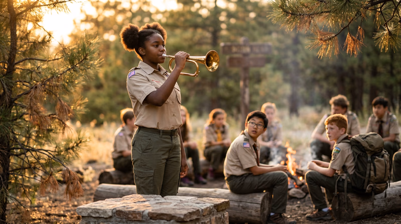 A Scout playing bugle at a campout with other Scouts gathered near a campfire in the background, evening light
