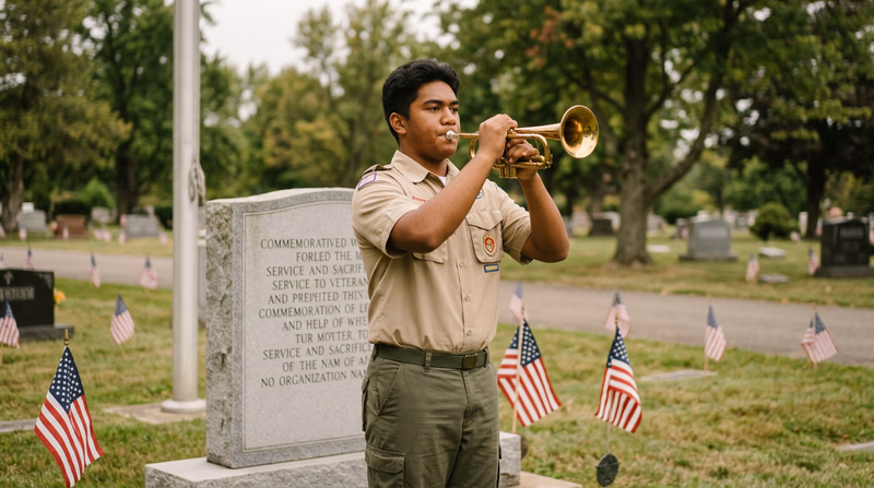 A lone bugler in clean Scout uniform playing Taps at a veterans memorial, American flags visible in the background, solemn atmosphere