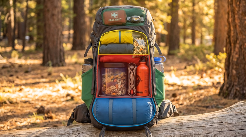 A cutaway diagram of a backpack showing four labeled packing zones: bottom (sleeping bag), core/middle (heavy items close to back), top (rain gear and snacks), and accessory pockets (water bottles and quick-access items)