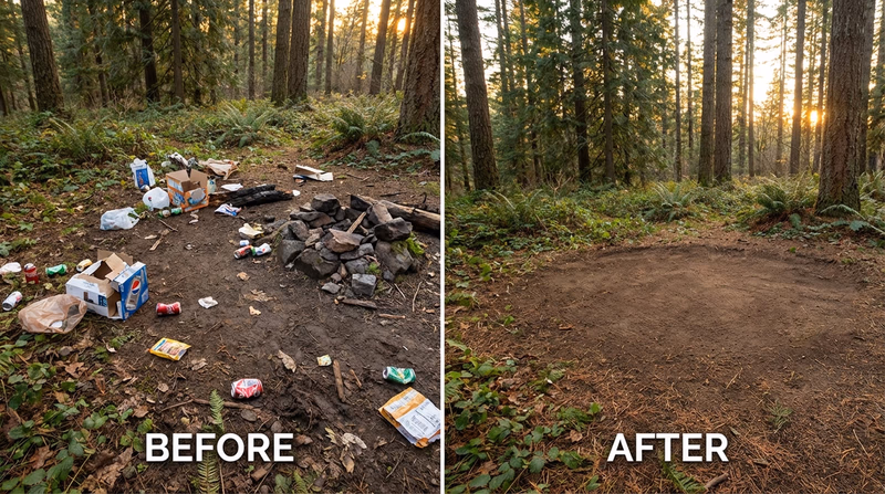 A before-and-after comparison of a campsite or trail section: the left side showing litter and overgrown brush, the right side showing the same area cleaned up and restored
