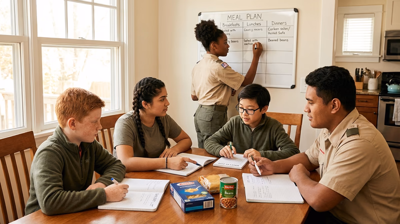 A patrol gathered around a kitchen table at home, planning their camp menu with a whiteboard showing meal slots and a grocery list being written