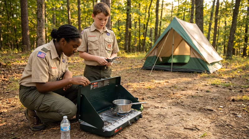 A camp stove set up on bare ground with a clear area around it, a pot of water heating on top, and the tent visible at a safe distance in the background