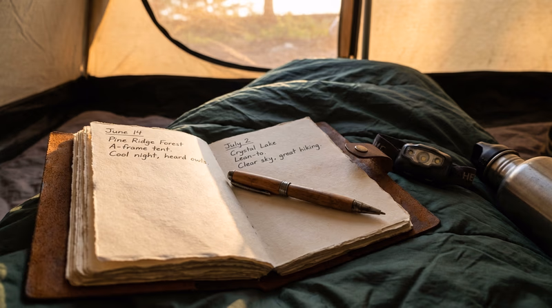 A Scout's camping log notebook open to a page showing entries with dates, locations, and shelter types, with a pen lying across the page