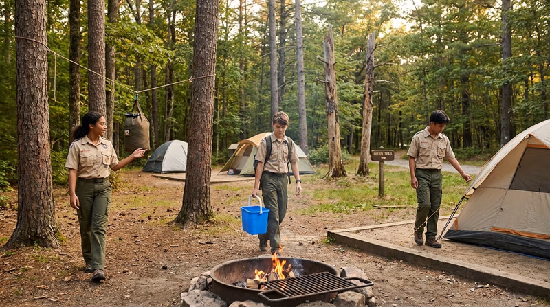 A well-organized campsite showing proper food storage hung from a tree, a contained campfire with water bucket nearby, and tents on level ground