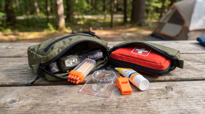 A Scout's ditty bag open on a camp table, showing the organized essentials packed inside with some items partially visible
