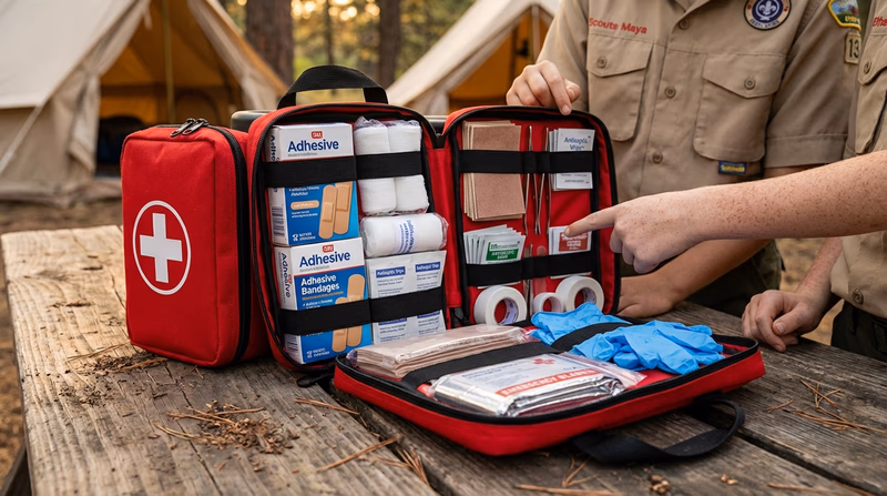 An open first-aid kit laid out on a camp table showing organized supplies including bandages, antiseptic, moleskin, and tweezers