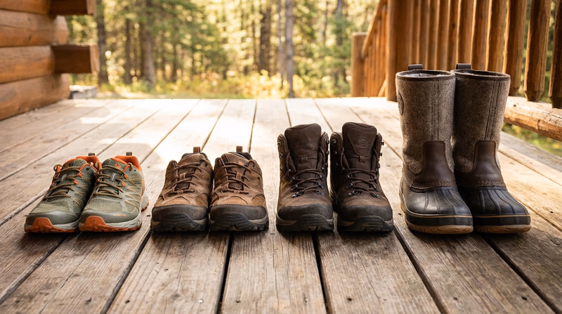 A lineup of different hiking footwear types on a wooden porch: trail runners, hiking shoes, mid-cut hiking boots, and insulated winter boots