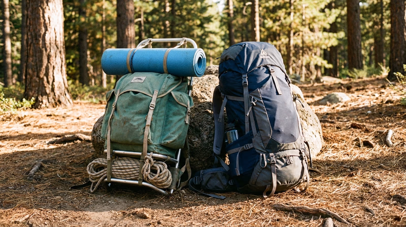 Two backpacks standing side by side outdoors: an external-frame pack with visible aluminum frame on the left, and a modern internal-frame pack on the right, both loaded for a camping trip