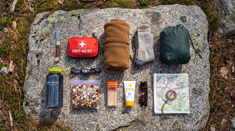 All ten Scout outdoor essentials laid out neatly on a flat rock or camp table: pocketknife, first-aid kit, extra socks and fleece, rain jacket, water bottle, headlamp, trail mix, waterproof matches, sunscreen and sunglasses, map and compass