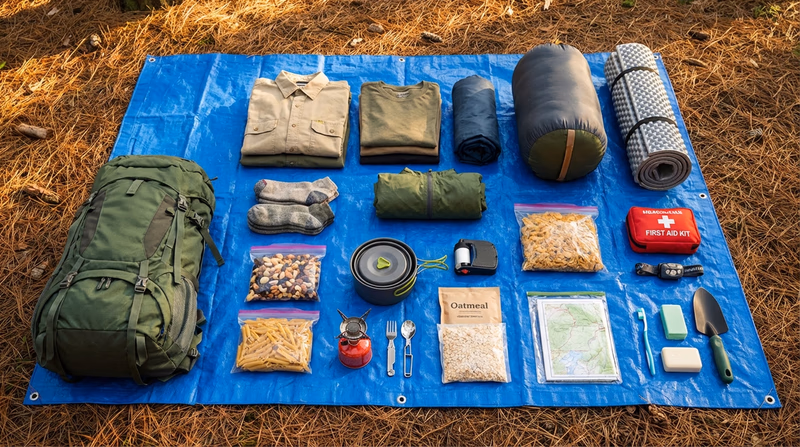 All the contents of a well-packed camping backpack laid out in organized groups on a tarp: clothing, food, cooking gear, sleeping gear, essentials kit