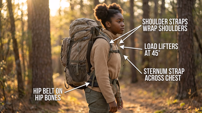A Scout wearing a properly fitted internal-frame backpack from the side, with labels pointing to the hip belt, shoulder straps, load lifters, and sternum strap