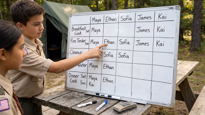 A handwritten duty roster on a whiteboard or poster at a campsite, showing patrol member names and their assigned tasks across meals