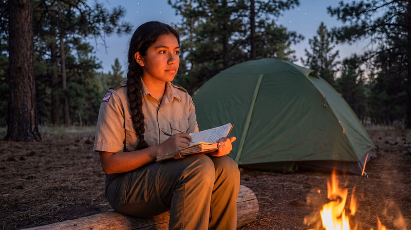 A Scout sitting by a small campfire at dusk, journal in hand, reflecting on their camping experiences with a tent and starry sky in the background