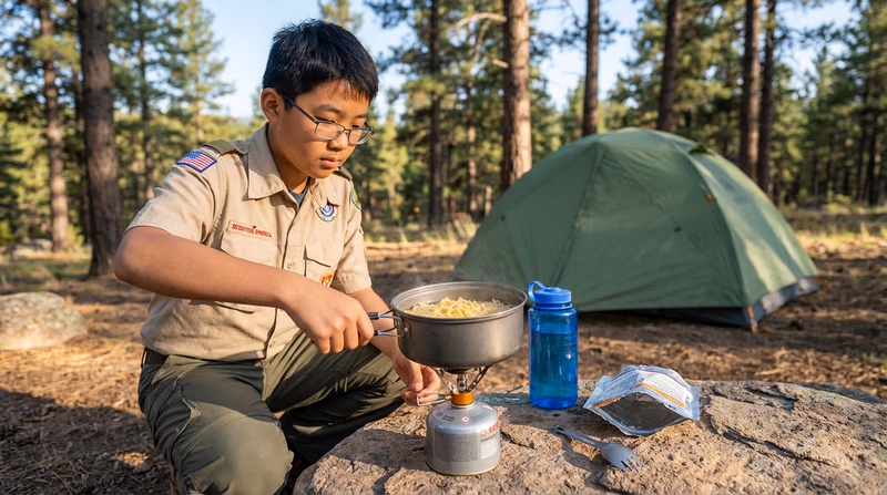 A Scout cooking pasta on a canister stove at a campsite, with a pot gripper in hand and a water bottle nearby