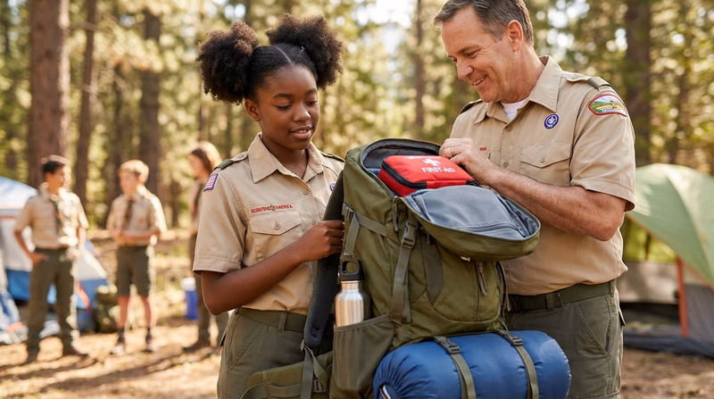 A Scout standing with a loaded backpack in front of a Scoutmaster who is reviewing the contents, with gear items visible including a sleeping bag, mess kit, and water bottle
