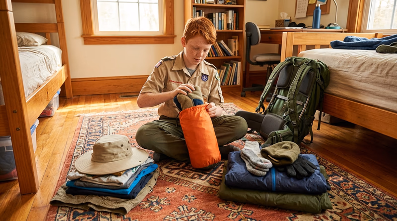A Scout organizing clothing into a waterproof stuff sack, with warm and cold weather items laid out on a bedroom floor
