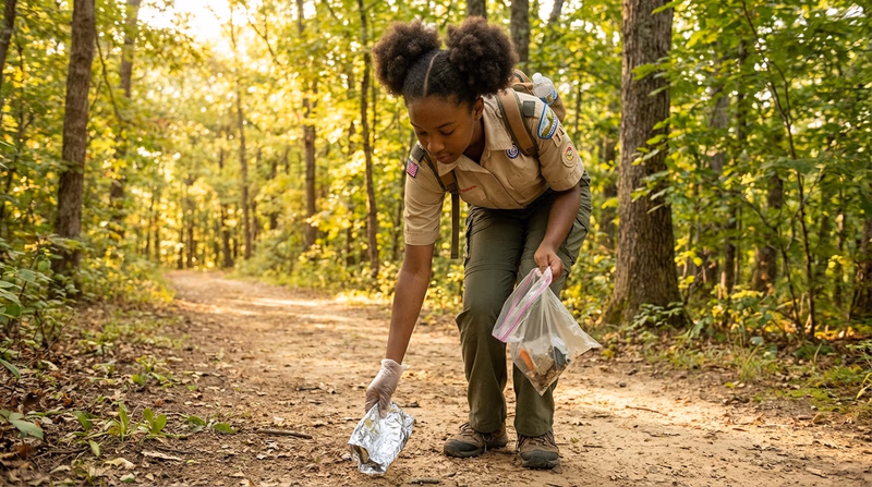A Scout bending down to pick up a small piece of litter from a trail, with a clean forest trail stretching behind them