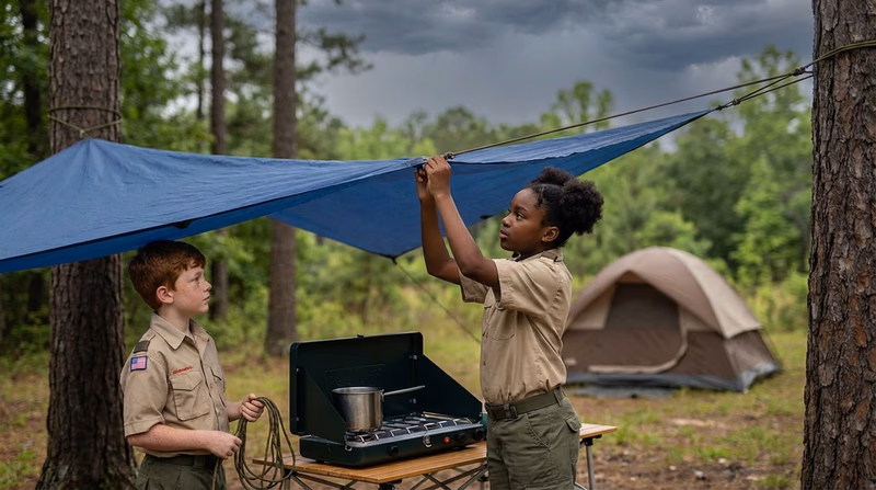 A Scout adjusting a rain tarp over a cooking area at camp as rain clouds roll in overhead
