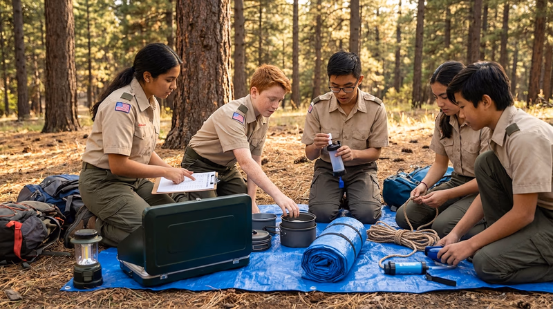 A patrol of Scouts gathered around a tarp with patrol gear spread out, dividing items among their individual backpacks