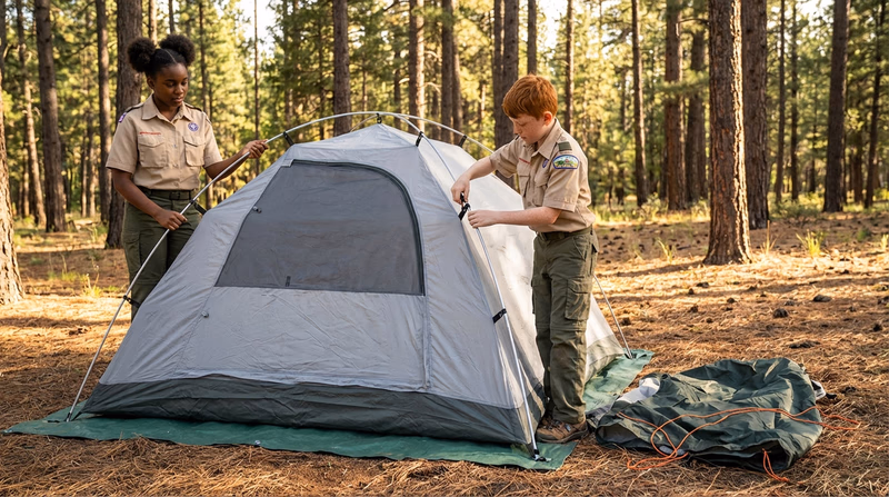 Two Scouts working together to pitch a dome tent in a forest clearing, one holding a pole while the other clips the tent body to it