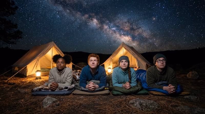 A group of Scouts lying on sleeping pads outside their tents, looking up at a star-filled night sky in a remote camping area