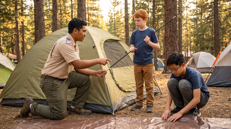 An older Scout demonstrating tent pitching to a small group of younger Scouts, with one Scout holding a tent pole and another spreading the ground cloth