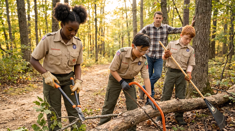 A group of Scouts performing trail maintenance in a forest, using hand tools to clear brush and repair a water bar on a hiking trail