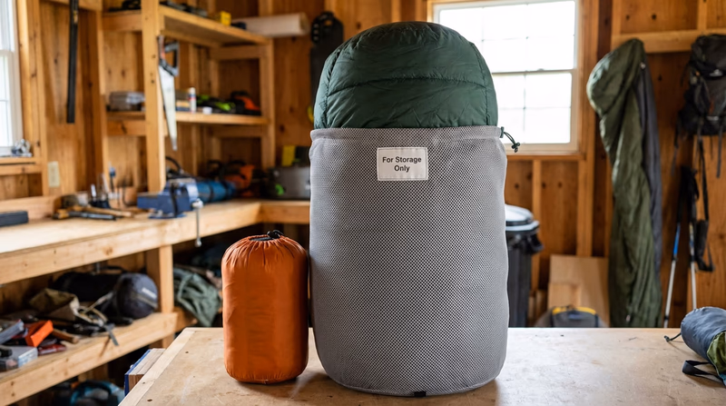 A sleeping bag loosely stored in a large mesh storage sack next to a small stuff sack, showing the size difference between storage and travel compression